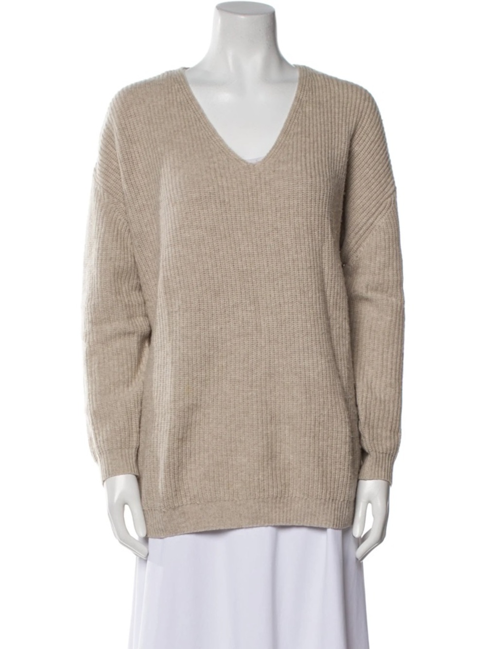 Jenni Kayne Beige V-Neck Ribbed Knit Sweater
